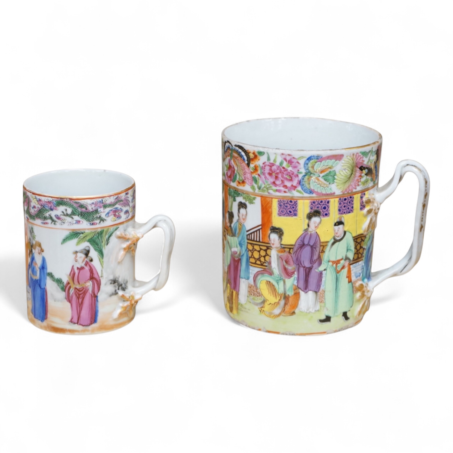 A Chinese Export Canton Famille rose mug and another smaller, Daoguang period (1821-50), tallest 12cm